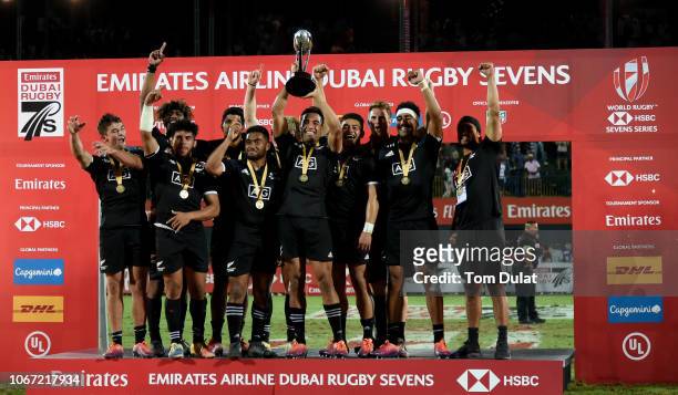 Team of New Zealand celebrate with the trophy after winning the HSBC World Rugby Sevens Series 2019 Cup Final match between New Zealand and United...