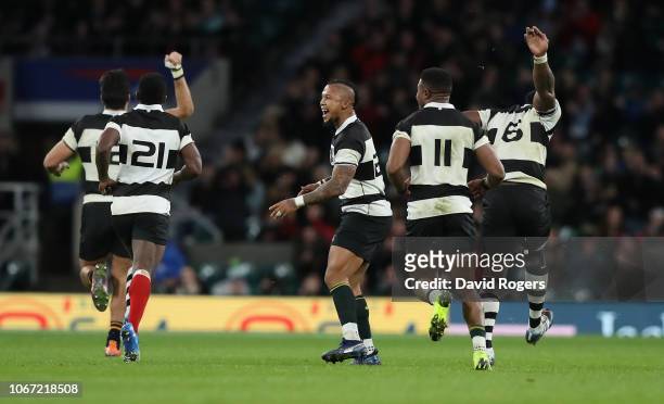 Elton Jantjies of the Barbarians celebrates after scoring a last minute drop goal in their 38-35 victory during the Killik Cup match between the...