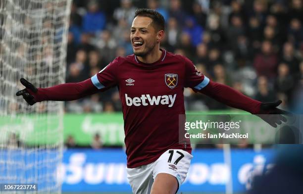 Javier Hernandez of West Ham United celebrates after he scores his sides opening goal during the Premier League match between Newcastle United and...