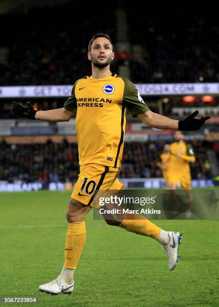 Florin Andone of Brighton and Hove Albion celebrates scoring their 2nd goal during the Premier League match between Huddersfield Town and Brighton &...