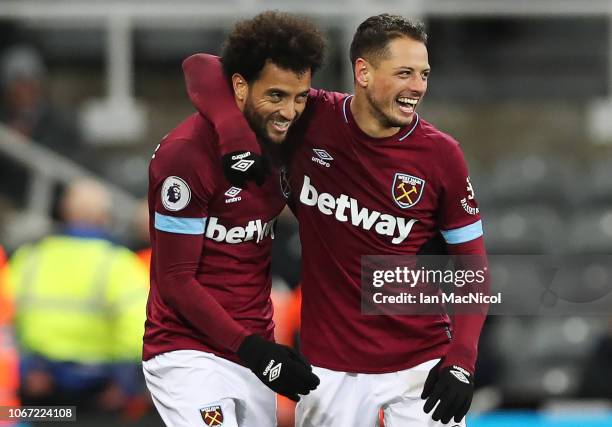 Felipe Anderson of West Ham United celebrates after he scores his sides third goal during the Premier League match between Newcastle United and West...