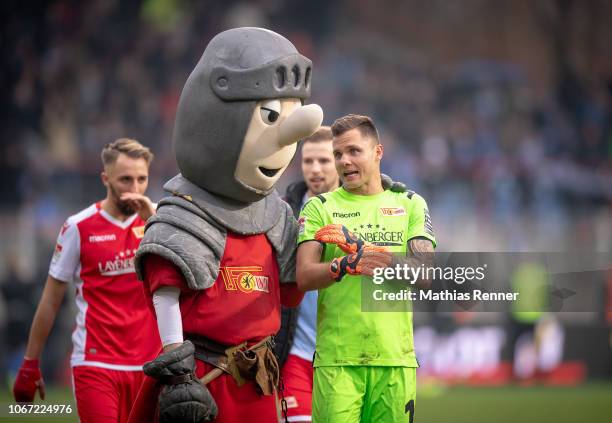 Mascot Ritter Keule and Rafael Gikiewicz of 1.FC Union Berlin after the 2nd Bundesliga match between Union Berlin and SV Darmstadt at Stadion an der...