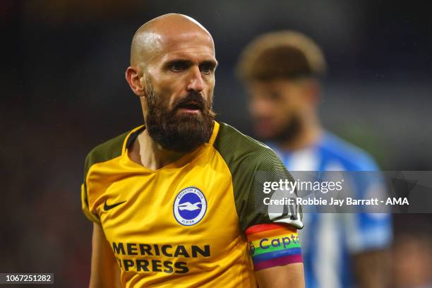 Rainbow captains armband is seen on the sleeve of Bruno Saltor of Brighton and Hove Albion in support of the LGBT This IS Everyones Game campaign...