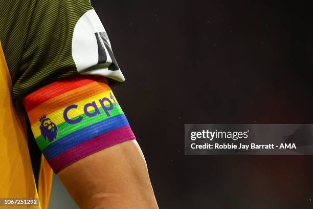 Rainbow captains armband is seen on the sleeve of Bruno Saltor of Brighton and Hove Albion in support of the LGBT This IS Everyones Game campaign...