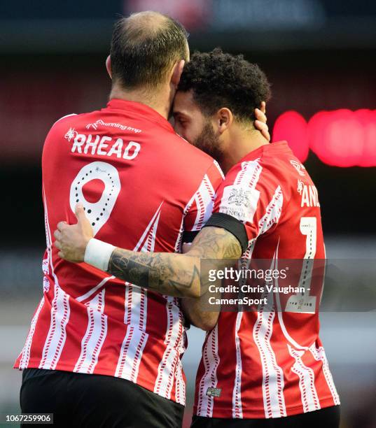 Lincoln City's Matt Rhead, left, celebrates scoring the opening goal with team-mate Bruno Andrade during the The Emirates FA Cup Second Round match...