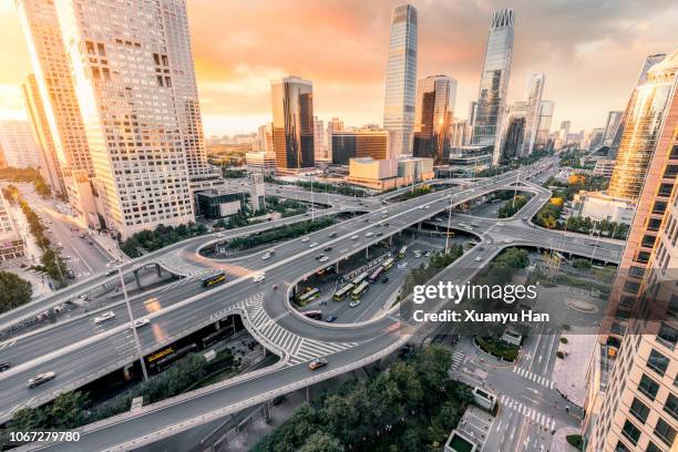 high angle view of the rush hour time in the central business district of beijing. - beijing traffic stock pictures, royalty-free photos & images