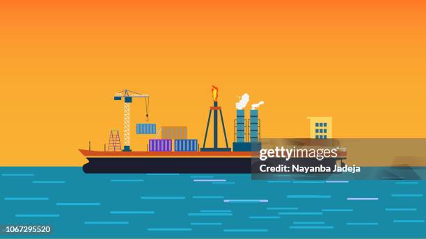 industrial ship with fire and transportation - cargo plane stock illustrations