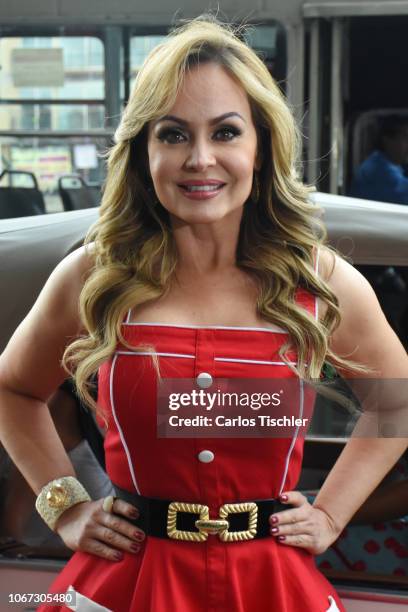 Gabriela Spanic poses for photos in front of a classic car during a press conference to present the play 'Divinas' at Be Bops Dinner on November 13,...