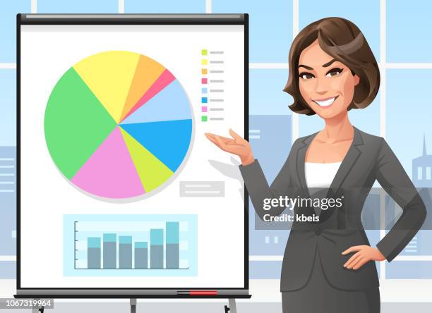 businesswoman standing at a flipchart in the office - business woman hand on hip stock illustrations