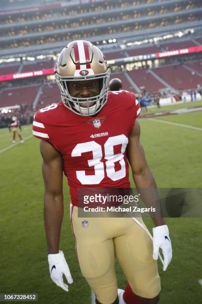 Antone Exum Jr. #38 of the San Francisco 49ers stands on the field prior to the game against the New York Giants at Levi's Stadium on November 11,...