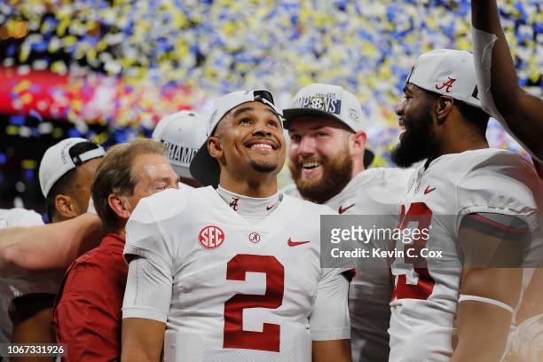 Jalen Hurts of the Alabama Crimson Tide reacts after defeating the Georgia Bulldogs 35-28 in the 2018 SEC Championship Game at Mercedes-Benz Stadium...