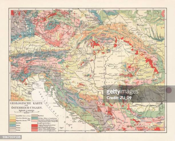 geological map of the austro-hungarian empire, lithograph, published in 1897 - croatia map stock illustrations