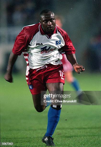 Tony Yeboah of Hamburg in action during the UEFA Champions League third qualifying round second leg match against Brondby at the Volksparkstadion, in...