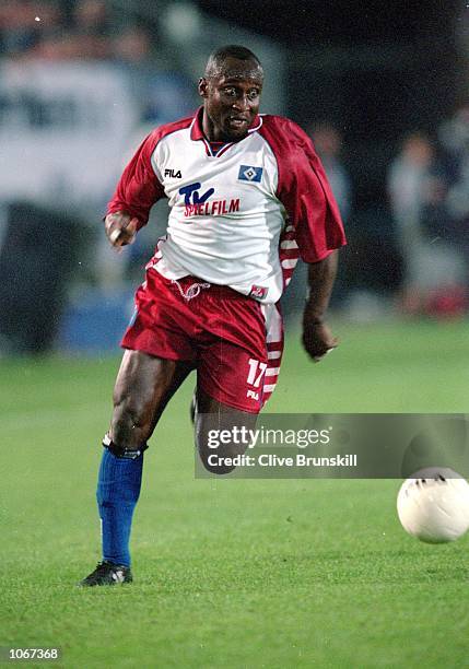 Tony Yeboah of Hamburg in action during the UEFA Champions League third qualifying round second leg match against Brondby at the Volksparkstadion, in...