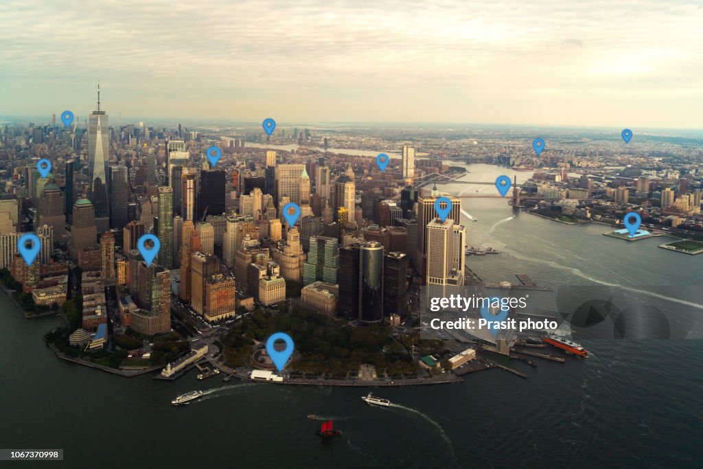 Map pin flat in New York city scape and network connection concept.