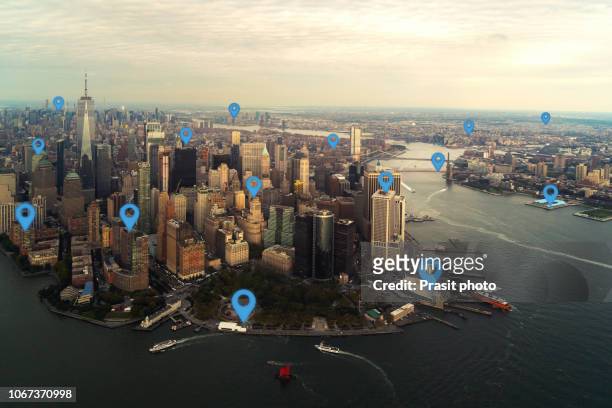map pin flat in new york city scape and network connection concept. - new york city scape stock pictures, royalty-free photos & images