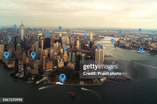 Map pin flat in New York city scape and network connection concept. Map pin flat in New York city scape and network connection concept.