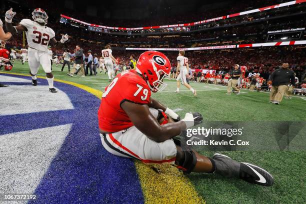 Isaiah Wilson of the Georgia Bulldogs reacts after the Alabama Crimson Tide defeated the Georgia Bulldogs 35-28 in the 2018 SEC Championship Game at...