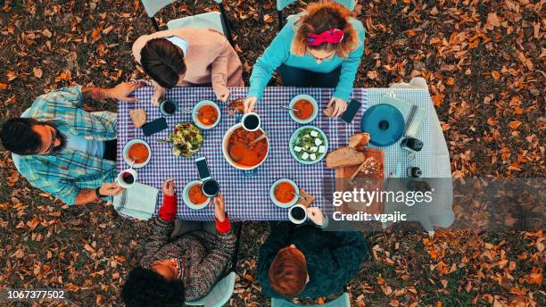 al-fresco-mahlzeit - friends toasting above table stock-fotos und bilder