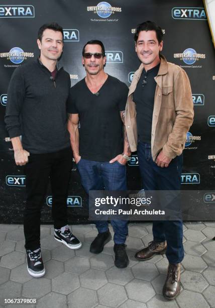 Jordan Knight Danny Wood and Jonathan Knight of the Boy Band New Kids On The Block visit "Extra" at Universal Studios Hollywood on November 13, 2018...