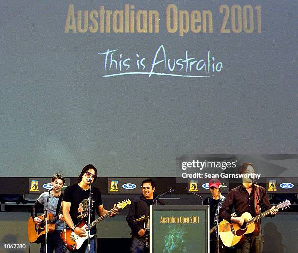 The band Taxiride sing at the launch of the 2001 Australian Open Tennis Grand Slam event at the Vodafone arena in Melbourne, Australia. Mandatory...