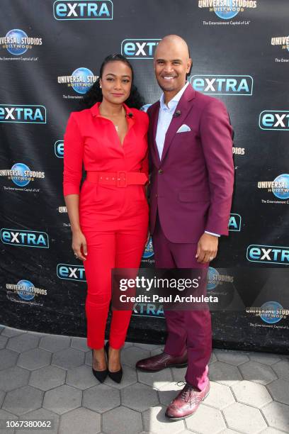 Actors Tatyana Ali and Dondre Whitfield visits "Extra" at Universal Studios Hollywood on November 13, 2018 in Universal City, California.