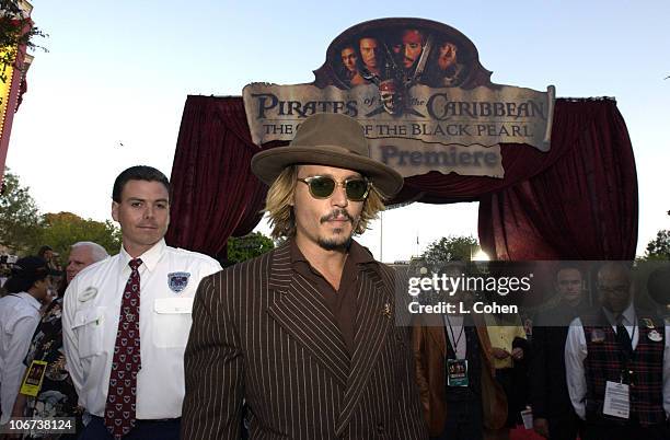 Johnny Depp during The World Premiere of "Pirates of The Caribbean: The Curse of The Black Pearl" -Red Carpet at Disneyland in Anaheim, California,...