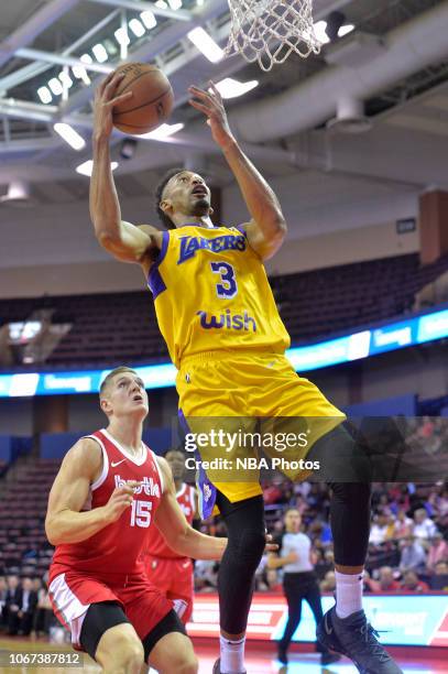 Johnathan Williams of the South Bay Lakers shoots against Tanner McGrew of the Memphis Hustle during an NBA G-League game on December 1, 2018 at...