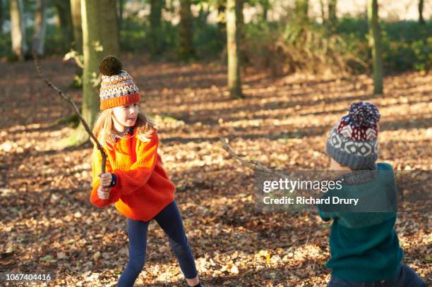 two children playing in woodland - holzstock stock-fotos und bilder