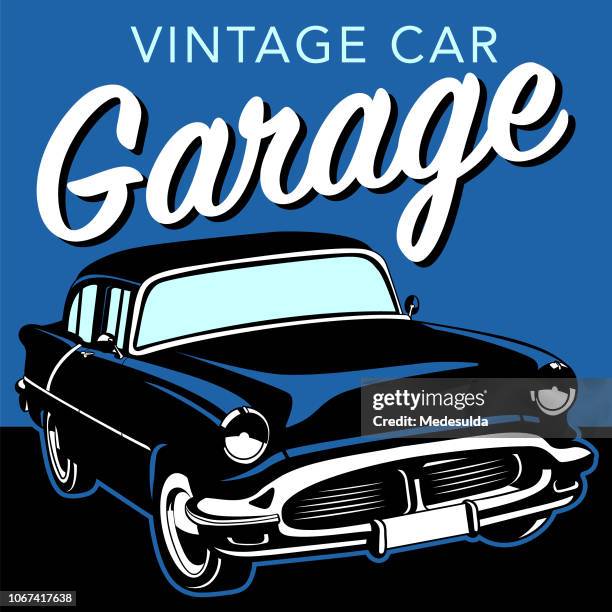 stockillustraties, clipart, cartoons en iconen met klassieke oldtimers garage vector - klassieke auto