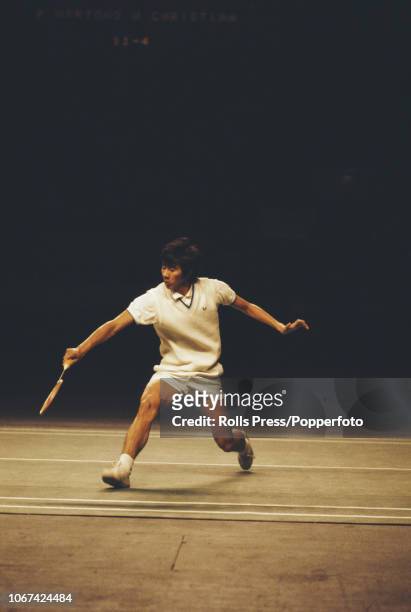 Indonesian badminton player Rudy Hartono pictured in action to beat Christian Hadinata in the final of the men's singles tournament to become...