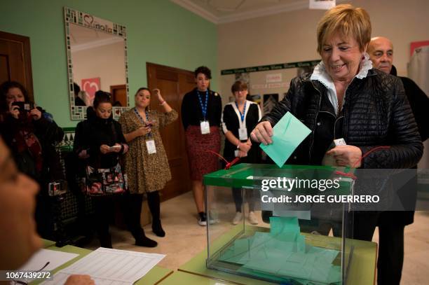 Andalusian Popular Party Congress deputy Celia Villalobos casts her vote at a polling station in Malaga on December 2, 2018 during Andalusia's...