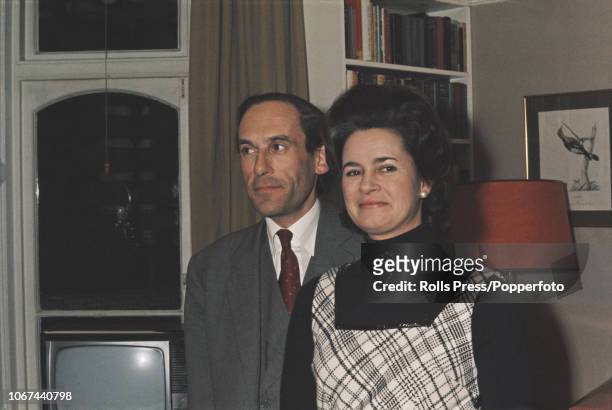 British politician and Leader of the Liberal Party Jeremy Thorpe pictured with Marion Stein after the announcement of their engagement in London on...