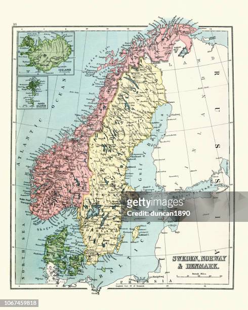 antike landkarte von schweden, norwegen, dänemark, 1897, ende 19. jh. - norwegen stock-grafiken, -clipart, -cartoons und -symbole