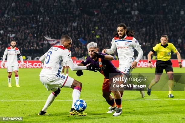 Marcelo Antonio Guedes Filho of Olympique Lyonnais, Sergio Aguero of Manchester City, Jason Denayer of Olympique Lyonnais during the UEFA Champions...