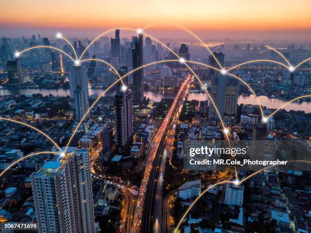aerial view of network connection concept cityscape at bangkok city of thailand - south east asia map stock pictures, royalty-free photos & images