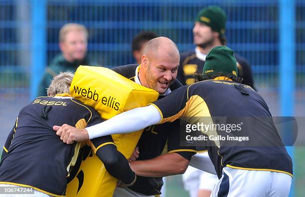 Van der Linde of South Africa in action during the South Africa rugby team training session at the Talybont Sports Centre on November 11, 2010 in...