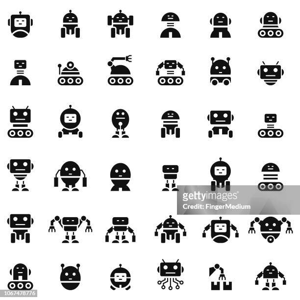 ilustraciones, imágenes clip art, dibujos animados e iconos de stock de conjunto de iconos de robots - robot
