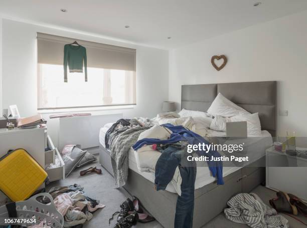 messy bedroom - double bed stock pictures, royalty-free photos & images