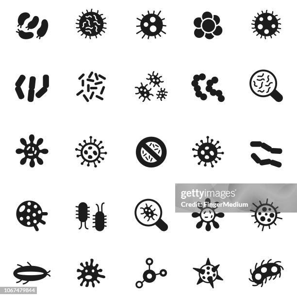 illustrazioni stock, clip art, cartoni animati e icone di tendenza di set di icone antivirus - bacteria