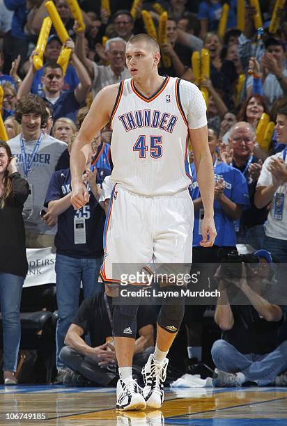 Cole Aldrich of the Oklahoma City Thunder stands on the court during a game against the Utah Jazz on October 31, 2010 at the Ford Center in Oklahoma...
