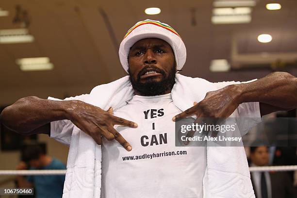 Audley Harrison shows off a message on his t-shirt after a training session held at Hatton Health and Fitness Gym in Hyde on November 11, 2010 in...