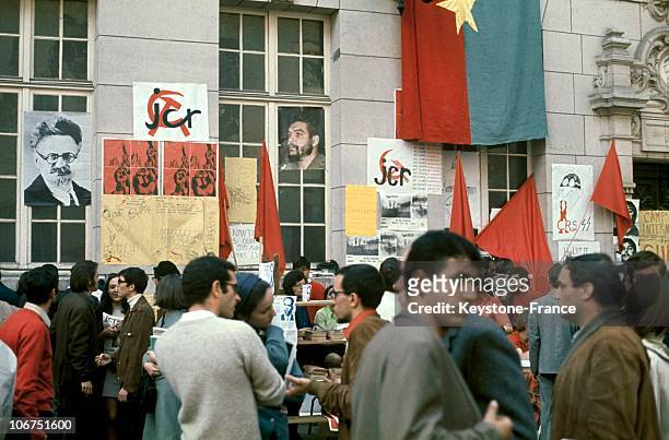 View Of The Communist Stands That Occupied The Sorbonne During The Student Protests Of May 1968, In Paris. Portraits Of Leon Trotski And Ernesto...