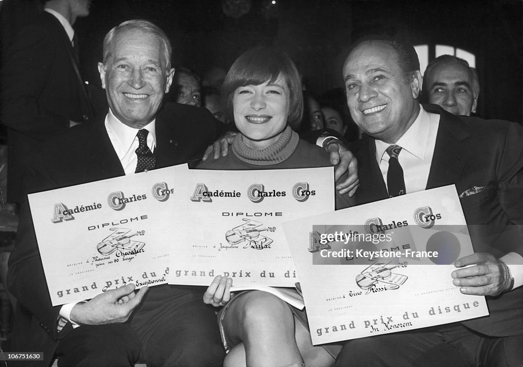 Maurice Chevalier, Jacqueline Dulac And Tino Rossi, Prizewinners Of The Prix Charles Cros In 1968