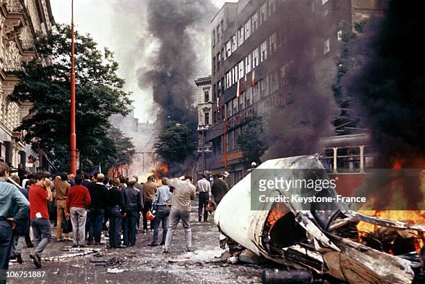 To Protest Aganist The Invasion Of Soviet Tanks In The Czechoslovak Capital, Protesters Set Fire To A Car, In August-September 1968.