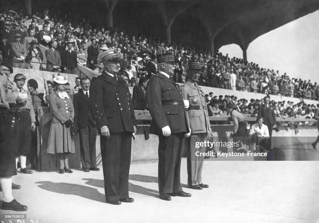 Vichy, Marshal Petain And General Charles Huntziger And Francois Darlan At The Vichy Stadium In 1941