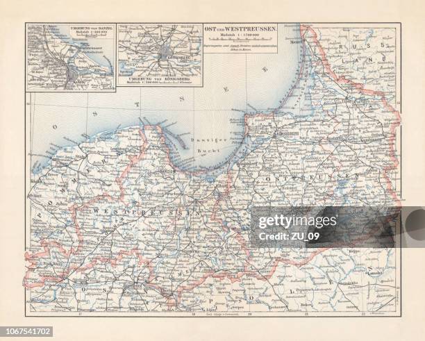 ilustraciones, imágenes clip art, dibujos animados e iconos de stock de mapa de litografia este y prussia del oeste de alemania, publicado en 1897 - países del golfo