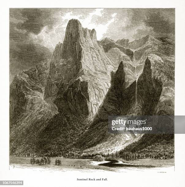 sentinel rock and falls, yosemite valley, yosemite national park, sierra nevada, california, american victorian engraving, 1872 - yosemite national park nevada falls stock illustrations