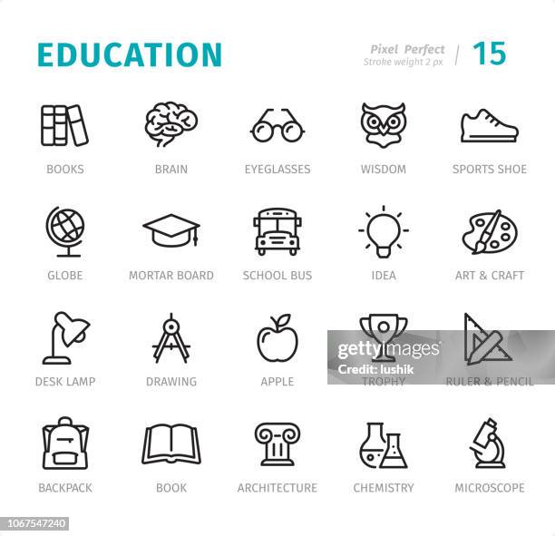 education - pixel perfect line icons with captions - school bus stock illustrations