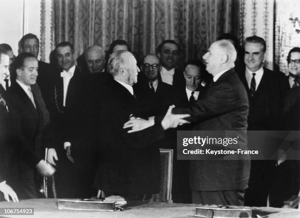 Paris, Elysee Palace, Embrace Between General De Gaulle And Konrad Adenauer After The Signature Of The Treaty Of Cooperation Between France And...